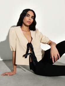 KSTM Women Tie Front Blouse With Bow Detail Short Puff Sleeves Deep V Neck Top Cropped Style Office Casual - Khaki - View 6