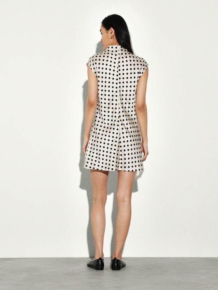 KSTM Polka Dot Satin Mini Dress With Mock Neck And Cap Sleeves For Vintage Retro Style Casual Party Wear