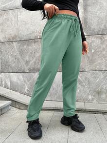 Cloudara Plus Size  Drawstring Waist Slant Pocket Sweatpants - Army Green - View 3