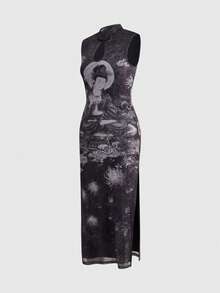 ROMWE Goth 修身中长款旗袍连衣裙，高开衩，花卉印花，立领 - 彩色 - 查看 5