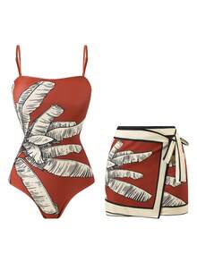 Swim Oasis 高端印花连体泳衣，带裙摆，侧边系带腰身，印花网纱长裙 - 彩色 - 查看 1