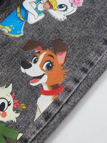 SHEIN Playful Pals Toddler Girls' Casual Loose Fit Straight Leg Jeans With Cute Animal Print, Versatile Daily Wear & Back To School, Summer - Light Grey - View 5