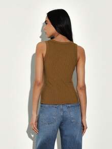 Rhinestone Embellished Ribbed Tank Top Sleeveless Scoop Neck Fitted Camisole Fashion Basic Tee - Olive Green - View 2