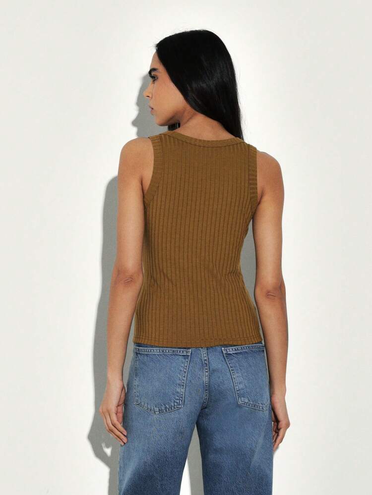 KSTM Rhinestone Embellished Ribbed Tank Top Sleeveless Scoop Neck Fitted Camisole Fashion Basic Tee
