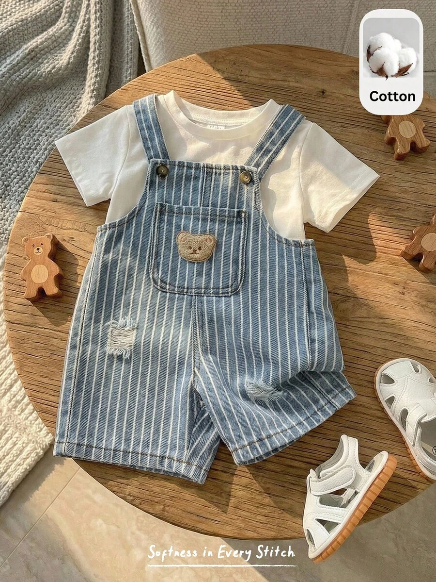 Cozy Pixies Peto vaquero con estampado frontal de oso de dibujos animados y bolsillo para bebé niño - Azul - Ver 1