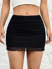 SHEIN EZwear 黑色针织网眼女裙 - 黑色 - 查看 4