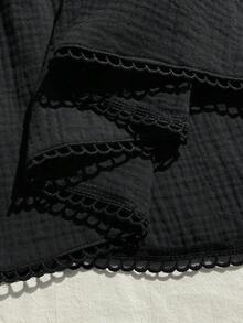 Comfortcana Plus Size Women Summer Casual Vacation Solid Color Textured Fabric Lace Trim Babydoll Cami Top And Shorts Set - Black - View 11