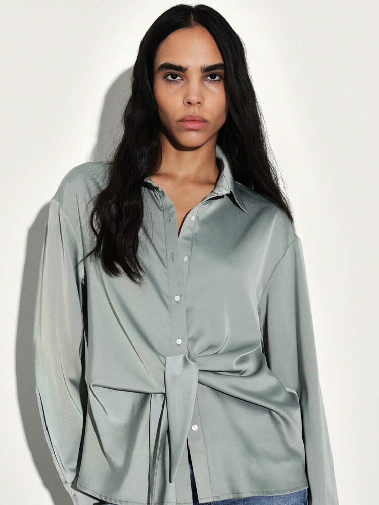 KSTM Women Long Sleeve Button Up Knotted Shirt Sage Green Collared Blouse Casual Office Work Top Front Tie Oversized Relaxed Fit Fall Spring