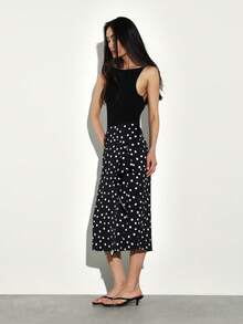 KSTM Polka Dot Midi Skirt With Ruffle Hem Detail High Waisted Wrap Style Casual Summer Spring Fall Vintage Retro Fashion - Black - View 5