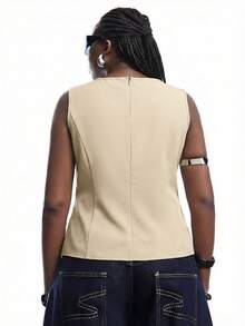 LYSMO Conjunto de top sin mangas y camiseta de color caqui minimalista talla grande, para verano - Caqui - Ver 2