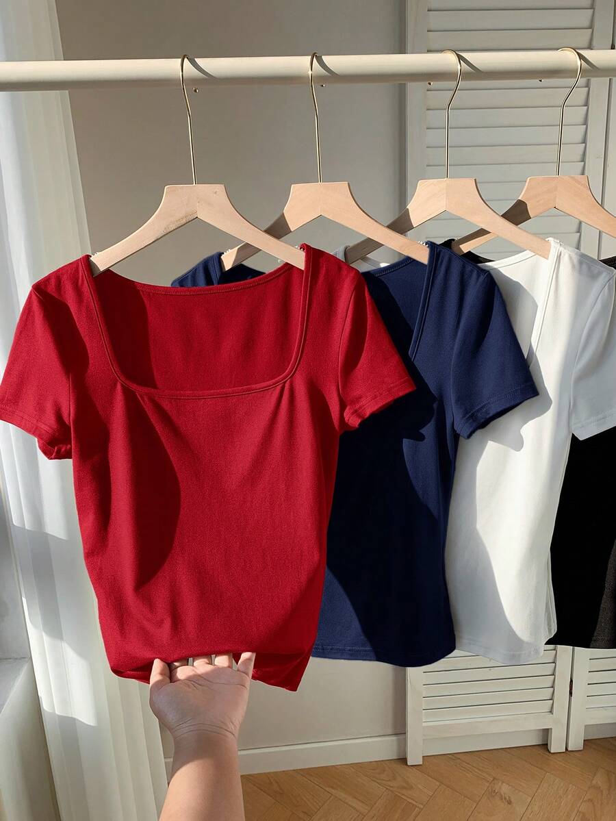 Comfortcana 4pcs/Set Plus Size Summer Square Neck Fitted T-Shirts - Multicolor - View 1