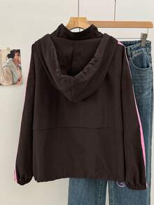 SHEIN EZwear Áo khoác có mũ cỡ lớn màu nâu sô cô la với sọc tương phản - Màu nâu Sô-cô-la - Xem 2