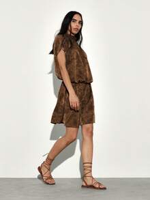 KSTM Drawstring Detailed Mock Neck Mini Dress With Shoulder Tie Accents And Blouson Silhouette For Casual Chic Style - Brown - View 6