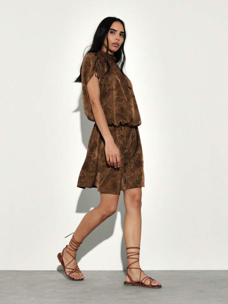 KSTM Drawstring Detailed Mock Neck Mini Dress With Shoulder Tie Accents And Blouson Silhouette For Casual Chic Style