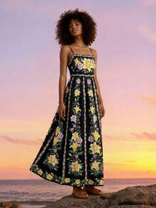 CAJUNI Đầm dài lãng mạn họa tiết hoa, thích hợp cho kỳ nghỉ nhiệt đới. - màu đen - Xem 2