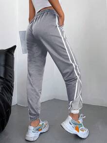 EURMUSE Contrast Tape Drawstring Waist Slant Pocket Joggers - Light Grey - View 2