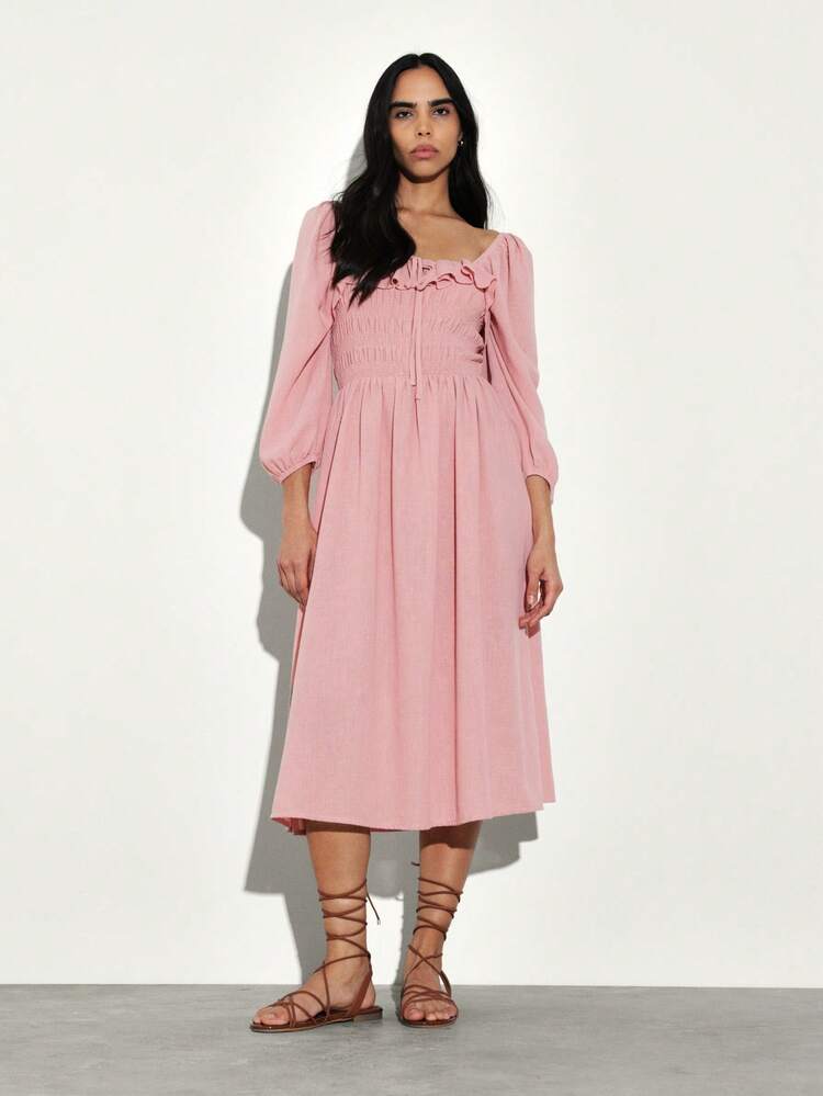 KSTM Smocked Square Neck Midi Dress With Puff Sleeves And Ruffle Details For Spring Summer Casual Feminine Style