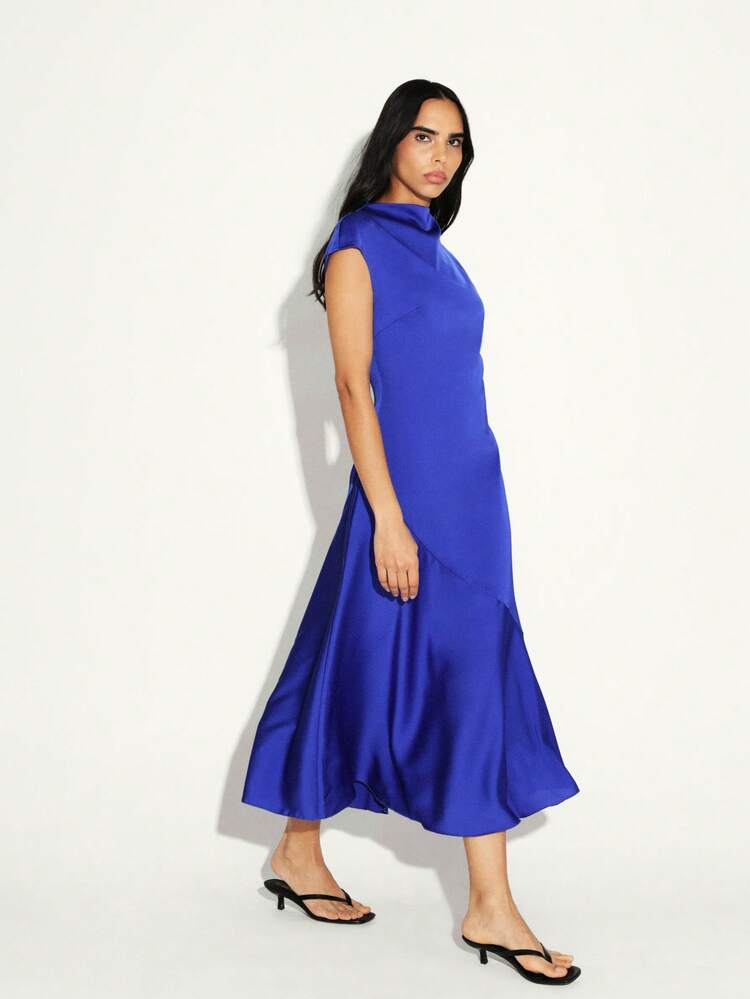 KSTM Women's Satin Draped Cowl Neck Sleeveless Midi Maxi Dress Elegant Party Evening Formal Occasion Asymmetrical Hem Blue