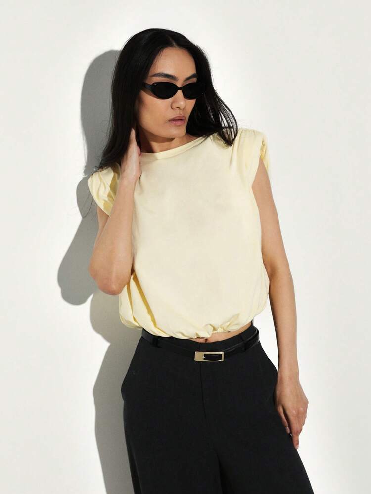 KSTM レディース バブルショルダーパッド タンクトップ ノースリーブ クリームブラウス カジュアル オフィス 夏 春 ファッション