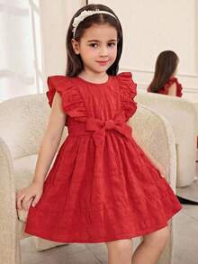 SHEIN 少女红色时尚短袖系带连衣裙 - 紅色 - 查看 4