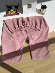 SHEIN EZwear 大码宽松直筒抽绳腰灯芯绒裤 - 粉色 - 查看 6
