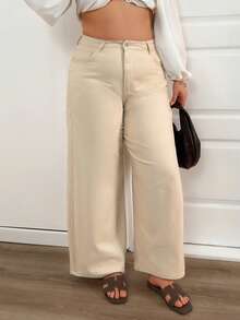 Plus High Waist Casual Wideleg Jean - Beige - View 7