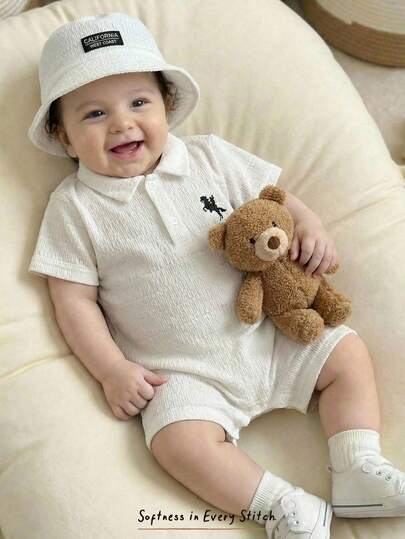 Cozy Pixies 2pcs/Set Newborn Baby Boy/Girl Comfortable Casual Collegiate Horse Print White Short Sleeve Polo Romper And Sun Hat Set, Suitable For Indoor, Outdoor, Daily, Sports, Play, Party, Photo Shoot, Holiday, Spring/Summer