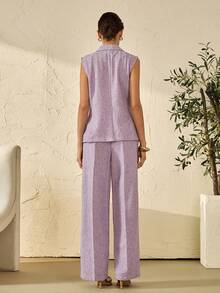 Bóhologie Linen Fabric Gold Button Detailed Vest And Pant Suit Sets - Lilac Purple - View 3