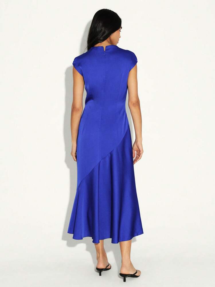 KSTM Women's Satin Draped Cowl Neck Sleeveless Midi Maxi Dress Elegant Party Evening Formal Occasion Asymmetrical Hem Blue