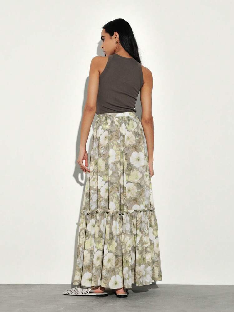 KSTM ボヘミアン調 春夏向け ヴィンテージプリント フリルティアードマキシスカート サイドポケット付き