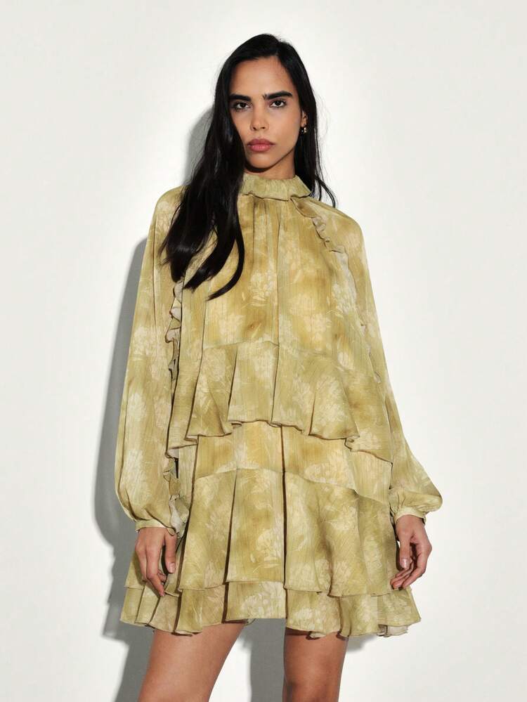 KSTM Women's Long Sleeve Mock Neck Tiered Ruffle Mini Dress With Sheer Chiffon Overlay And Layered Pleated Details For Cocktail Party Events