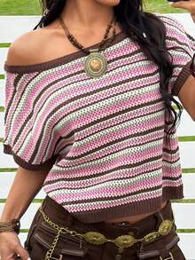 SHEIN EZwear Summer Music Festival Women's Summer Fashion Western Cowgirl Vacation Style Contrast Striped Pattern Asymmetrical Collar Ringer Pointelle Knit Top - Multicolor - View 8