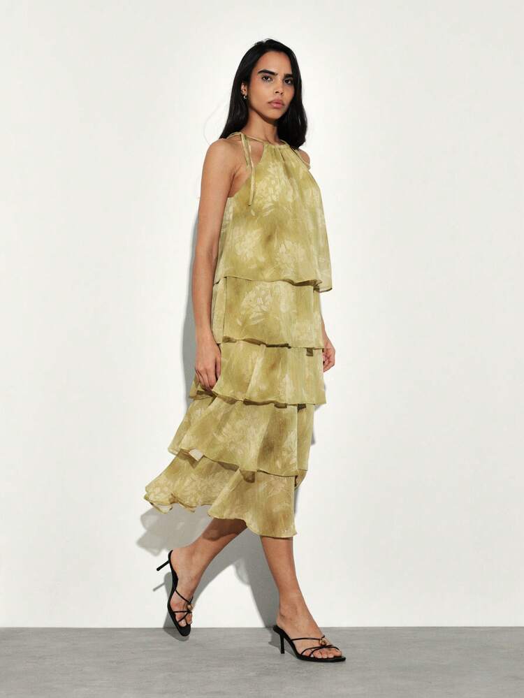 KSTM Women's Halter Neck Tiered Ruffle Midi Dress With Layered Design For Party Evening Special Occasions