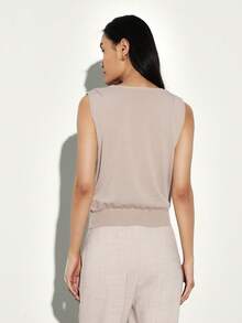KSTM Women's Sleeveless Knit Vest With Deep V-Neck And Ribbed Waistband Casual Tank Top - Khaki - View 2
