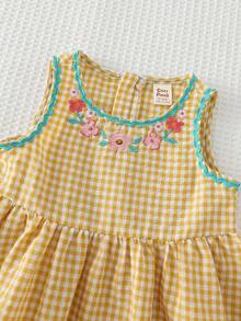Cozy Pixies Baby Girl Floral & Plaid Pattern Cute Rabbit Cartoon Embroidered Round Neck Sleeveless Waist Dress, Sweet & Lovely Countryside Style Suitable For Outings, Vacation, Casual, Party Bunny Dress For Baby Girl Cotton Baby Dress - Yellow - View 3