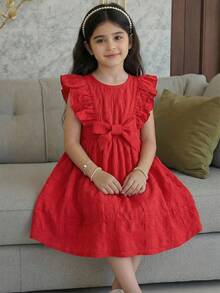 SHEIN 少女红色时尚短袖系带连衣裙 - 紅色 - 查看 2