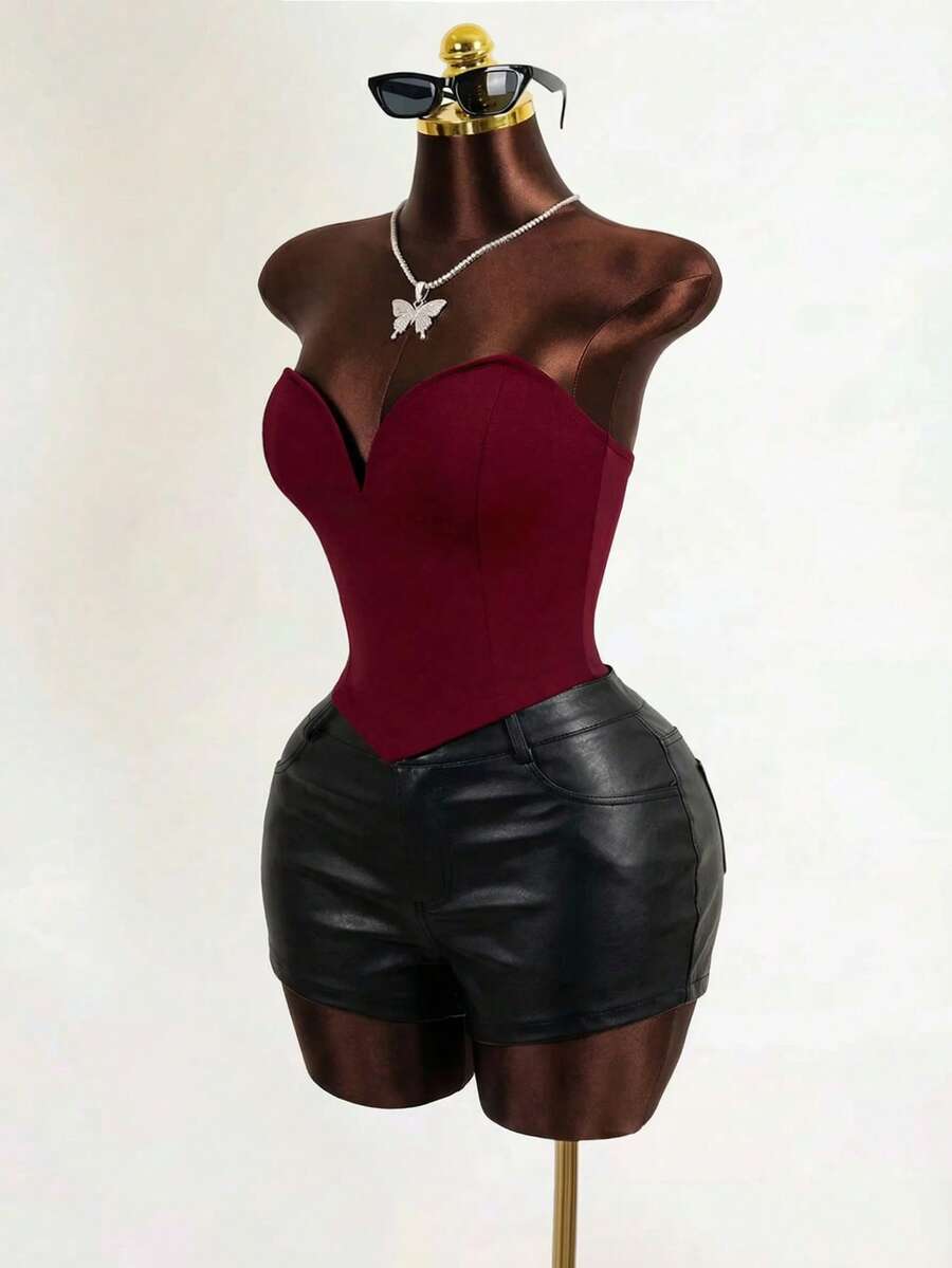 VaVaBold Women Solid Color Asymmetric Hem Fitted Elegant Cami Top, Summer - Burgundy - View 1