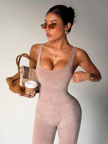 Seamluxe SHEIN Sport 无袖无缝高弹瑜伽健身连体衣 - 卡其色 - 查看 4