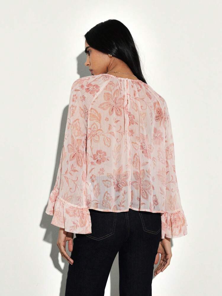 KSTM Blouse femme à imprimé floral avec manches évasées à volants, col rond, Top plissé froncé, chemise en mousseline de soie décontractée pour le printemps et l'été, mode