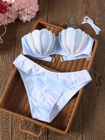 Swim Vcay Women's Summer Beach Faux Pearl Decor Fashionable Bikini Swimwear Set