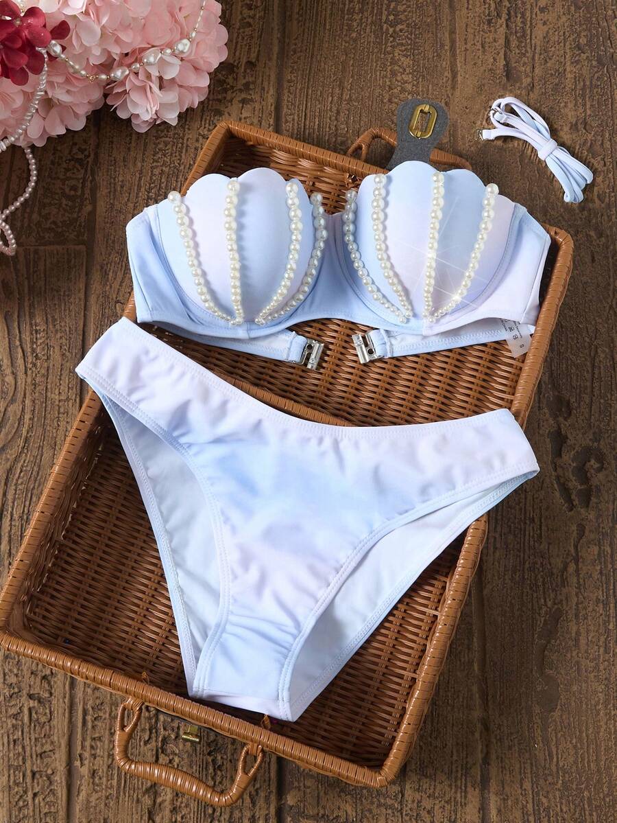 Swim Vcay Bộ bikini thời trang mùa hè dành cho nữ, đính ngọc trai giả, thích hợp đi biển. - Màu xanh nhạt - Xem 1