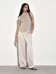 KSTM Gathered Mock Neck Short Sleeve Top With Ruched Detail For Casual Summer Fashion - Khaki - View 3