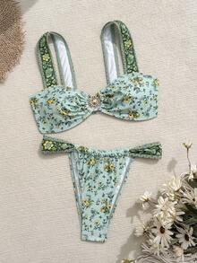Swim Vcay Bộ bikini hai mảnh gợi cảm mùa hè mới, trang trí hoa hướng dương bằng kim loại, họa tiết hoa màu xanh lá cây, tôn dáng cho vòng một nhỏ, đồ bơi thời trang cho kỳ nghỉ biển, tuần trăng mật, kỳ nghỉ, bộ bikini phong cách boho, bộ bikini kín đáo, bikini hoa, đồ bơi vintage lễ Phục sinh cho nữ, bộ đồ bơi hai mảnh cho nữ, bikini có đệm nâng ngực. - Nhiều màu - Xem 6