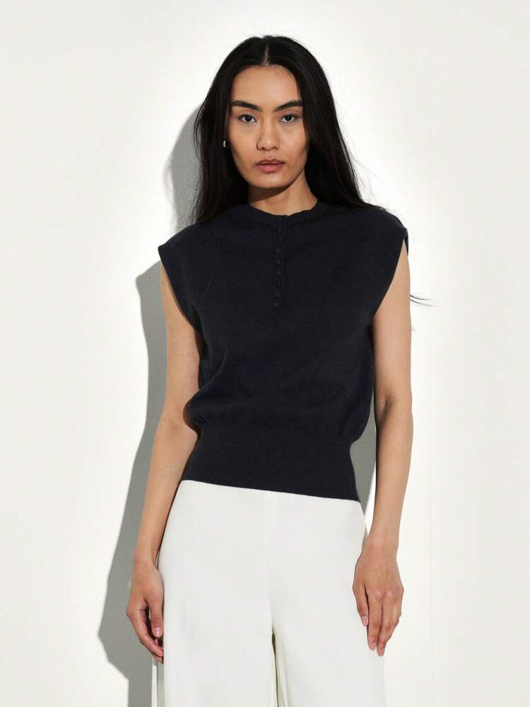 KSTM Canotta donna senza maniche in maglia con bottoni e vita a costine, pullover casual classico