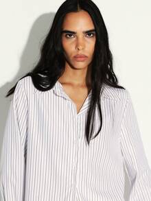 KSTM Regular Women's Oversized Pinstriped Button Down Blouse Long Sleeve Professional Office Shirt Classic Collar Work Top - Black and White - View 5