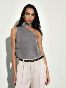 KSTM Draped Cowl Neck Top With Sleeveless Cut In Woven - Grey - View 4