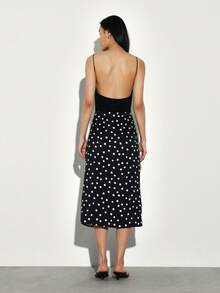 KSTM Polka Dot Midi Skirt With Ruffle Hem Detail High Waisted Wrap Style Casual Summer Spring Fall Vintage Retro Fashion - Black - View 2