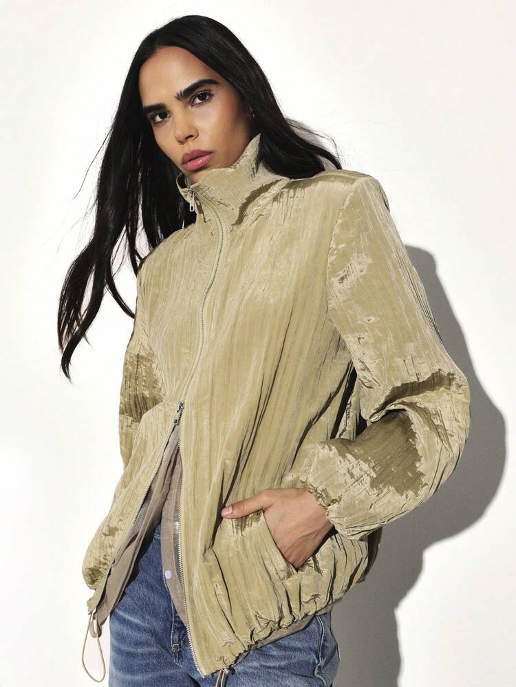 KSTM Metallic Gold Pleated Light Bomber Jacket For Women Fall Winter Fashion Zip Up Track Style Cropped Outerwear