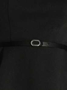 KSTM 女士短袖荷叶边上衣，配腰带，圆领衬衫，职业办公商务休闲装 - 黑色 - 查看 6