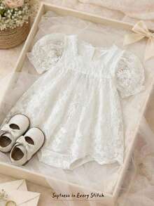 Cozy Pixies 女婴纯色休闲百搭圆领花瓣袖收腰连衣裙 - 白色 - 查看 8